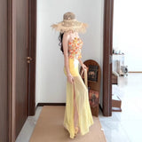 Holiday Style Suit Women's Summer Dopamine Beauty Temperament Yellow Print Blouse Mesh Yarn Bag Hip Skirt