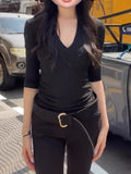 Hottie Style Black V-Neck Mid-Sleeve T-Shirt Girl Spring And Summer New Slim Slim Tops Comfortable Shoulder-To-Shoulder Shirt