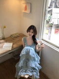 Summer Seaside Holiday Wind Blue Broken Flower With Dress Female Korean Version Sweet Fresh Temperament Waist Cake Skirt