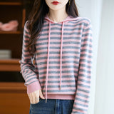 100% Pure Wool 2026 Autumn And Winter New Women's Loose Hooded Hooded Striped Knitted Sweater