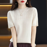 Wool Blending 2026 Autumn And Winter New Women's Round Collar Collar Drawing Solid Color Hollow Top Five-Sleeve Knitted Shirt