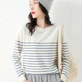 Wool Blending 2026 Autumn And Winter New Lady Loose Round Neck Stripe Short-Singed Knitted Sweater