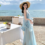 French Super Fairy Three-Dimensional Flowers Lotus Leaf Side Blue Sling Dress Women's Summer Holiday Style Dress Suit