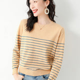 Wool Blending 2026 Autumn And Winter New Lady Loose Round Neck Stripe Short-Singed Knitted Sweater