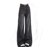 Black-Gray Broad-Legged Jeans Women's Summer New Retro Water Wash High-Waisted Loose-Ragging Straight Pants