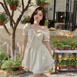 Bubble Sleeve Square Dress Women's Spring And Summer 2025 New Gentle Wind With Wooden Ears To Close The Waist Short-Sleeved A Skirt