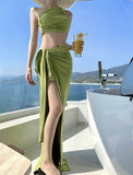 Summer Beautiful Wearing Suit Seaside Vacation Rose Red Shoulder Bra Small Vest Open Skirt Two-Piece Dress