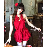 Three-Dimensional Flower Lotus Side Hanging Neck Vest Women's Unique Beauty Set Pure Red Skirt Two Sets