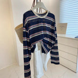 Korean Version Of The Retro Stripe Bumpy Slim Roll Round-Neck Long-Sleeved T-Shirt For Women's Loose Lazy Sun Protection Shirts Summer