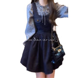 Early Spring Wear A Set Of Loose Retro Bows Denim With Dress Wave Lace Shirt Tide