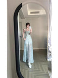French Gentle Temperament Blue Broken Flower Sling Dress Seaside Holiday Beautiful Unique Waist A Word Long Skirt