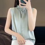 Silk Satin 2026 Spring And Summer Women's New Satin Wood Ear Collar Dark Buckle Sleeveless Shirt Solid Color Shirt