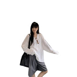 Korean White V-Neck Long-Sleeved T-Shirt Girl Summer Lazy Leisure Sun Protection Shirt Temperament Loose Thin Top