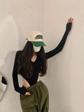 Spice Girl Sexy V-Neck Elastic Tightness Showing Lean Long Sleeves Solid-Colored Bottoming T-Shirt Blouse Woman 2025 Spring And Autumn