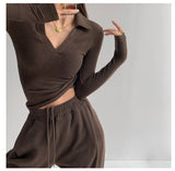 Hottie Sexy V-Neck Thin Bottom Shirt 2026 Early Autumn Solid Sleeve Polo Shirt In Tide T-Shirt