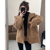 Camel Color Small Fragrant Lamb Wool Coat Woman 2025 Autumn Feeling Plus Thick Fur Hooded Cotton Suit