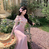 French Sweet Romantic Style Word Shoulder Floral Dress Women's Summer Resort Style Bag Fishtail Dress Set