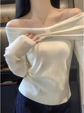 One-Word Collar Bow Design Long-Sleeved Knitted Shirt Women Autumn 2025 New Pure Hot Girl Bare Shoulder