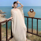 White Texture Folded V-Neck Dress Women Summer Languid Holiday Casual Loose Lantern Dress