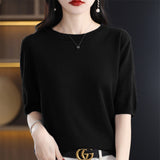100% Cotton Sweating 2026 Spring And Summer New Round Collar Through Short T-Shirt Solid Five-Sleeve Temperament Knitted Shirt