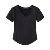 Hottie Pure Lust Wind V-Neck Machine Short-Sleeved Top T-Shirt Girl Short Straight Shoulder Repair Summer Girl Top