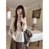 Sleeding Lazy Wind Loose V-Neck Long-Sleeved T-Shirt Girl Spring Thin Sunscreen Shirt Relaxation Feeling Bottom Top