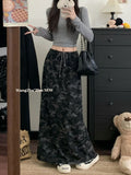 Vintage Camouflage Draw Straight Mid-Dress Women Autumn 2025 New Fashion Thin Hanging Hole Long Skirt