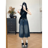 Vintage Do Old Fur Side Denim Shorts Women Summer High Waist Display Thin Straight Legs Drag Seven Points In The Pants