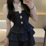French Princess Pamper Little Sweet Cool Wind Denim Sling Dress Doll-Collared Shirt Two Sets