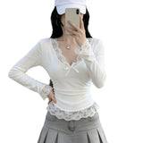 Sweet Hottie Pure Lust Lace Side Long-Sleeved T-Shirt Girl In Early Spring To Play With A T-Shirt Slimming On The Bottom Of The Shirt