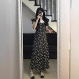 2026 Summer New Tea Break French Black Floral Dress Texture Feel Waist Women's Long Dress Women's Summer