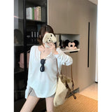 White Lanky Long-Sleeved Loose T-Shirt Women's Autumn Casual Thin Sun Hoodie Pure Color Thin Cloth