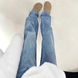 Plus Velvet Thick Straight Jeans Women Small Autumn And Winter Trend New Light-Colored High-Waist Loose Narrow Version Of Broad-Legged Trousers