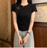 Summer 2025 Shoulder T-Shirt Women To Folded Short Sleeves Irregular Sweet Spicy Thin Little Man Round Collar Short Top