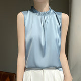 Silk Satin 2026 Summer New Women's Clothing Collar Sleeveless Vest T-Shirt Repair Body With A Half-Sleeve