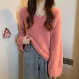 Soft Soft Glutinous Sweater Women's Autumn And Winter White Languid Wind High Sense V-Neck Knitted Shirt Loose Long-Sleeved Top