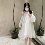 French Orange Tea Sheheben Dress Women's New 2026 Sweet Design Shoulder Temperament Hanging Neck Dress