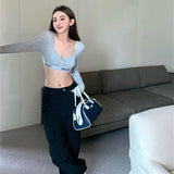 Spice Girls Sexy Long-Sleeved T-Shirt Short V-Neck Collared Women's Spring And Autumn Collarbone High Waist-Cuffed Umbilled Repair Inside The Top