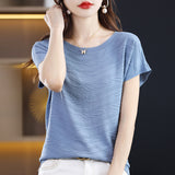 Tiansi 2026 Spring And Summer Women's New Lady Loose Temperament Beads Short-Sleeved T-Shirt Bottom Knitted Half-Sleeved Top