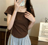 Positive Shoulder Short-Sleeved T-Shirt Women Simple Design Sense Of Summer Pure Wind Irregular Square Collar Showing Thin Sweet Short Blouse
