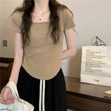Positive Shoulder Short-Sleeved T-Shirt Women Simple Design Sense Of Summer Pure Wind Irregular Square Collar Showing Thin Sweet Short Blouse