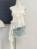 Vintage Irregular Lotus Edge Splicing To Do Old Worn Sling Sling Vest Women's Summer Design Unique Special To The Top