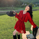 Bohemian Costume Dress Girl Yunnan Dali Tourism To Take Pictures Of The National Wind Red Long-Sleeved Top Skirt Set