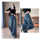 Vintage Scissor Jeans Women 2025 Winter Trend New Loose Side Splicing Hole Grinding Wide Leg Pants