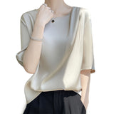 Silk Satin Paste Acetic Acid 2026 Spring And Summer New Women's Five-Sleeve Collar Loose T-Shirt Short-Sleeved Top