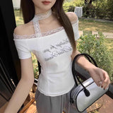 Sweet And Spicy Wind Splicing Lace Side Shoulder T-Shirt Girl 2025 Summer New Letter Print Short-Sleeved Top