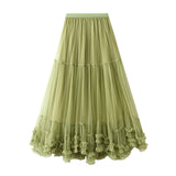 Oversized Swing Design Fashion Mesh Dress Sweet Wooden Ear Lace A Word Big Swing Ponum Skirt 8023