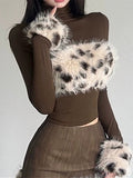 Temperament Famous Hairy Hottie Spliced Leopard-Print High-Necked Long-Sleeved T-Shirt Slim Short Thin Bottom Top