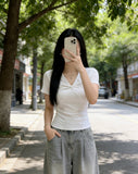 V Collar Kinetic Design T-Shirt Girl Summer Pure Hot Girl Short-Sleeved Bottom Shirt Slim Thin Top Woman