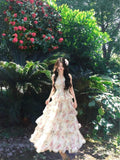 Morning Dew Ceew Garden French Holiday Style Print Hanging Neck Chiffon Cake Dress Girl Crumumid Flowers Show Thin Dress